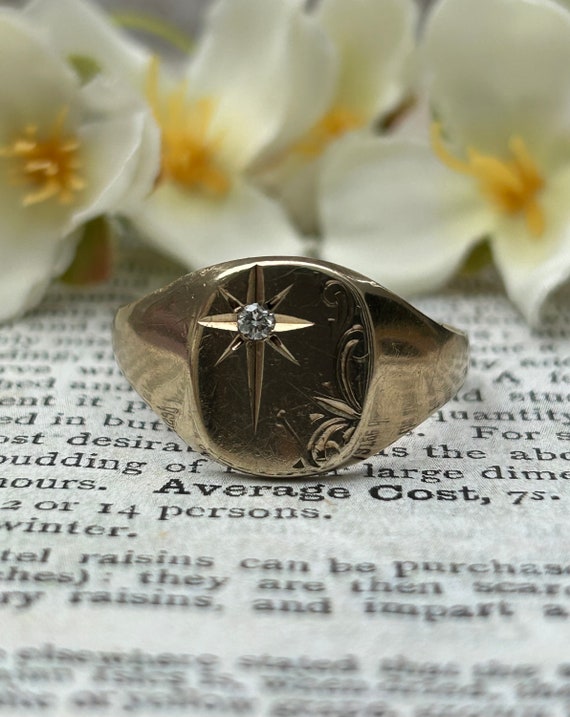 Vintage Signet Ring Star Set Diamond 9 Carat Gold… - image 7
