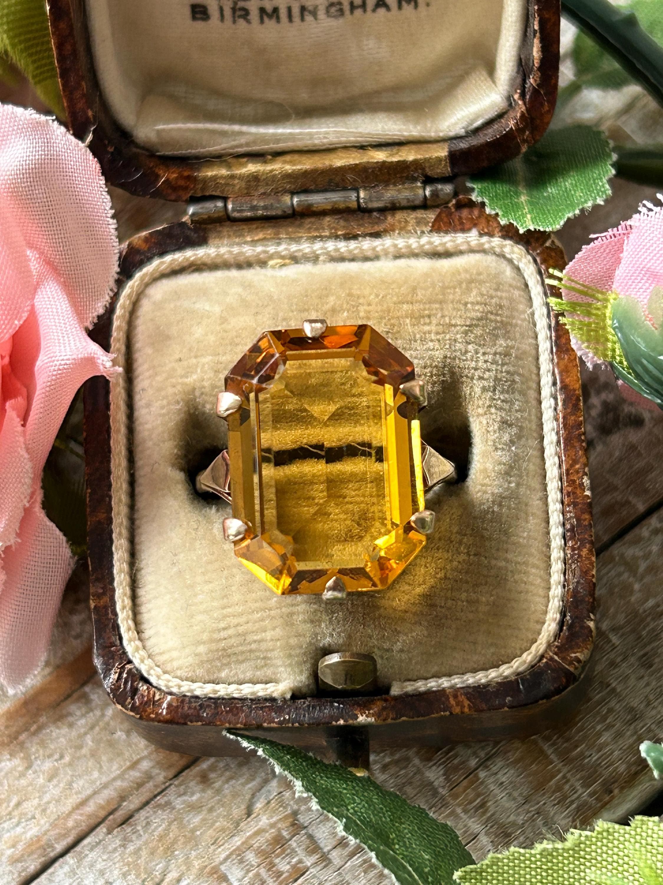 Antique Emerald Cut Citrine Vintage Citrine Paste Statement Ring