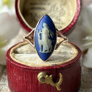 Antique Wedgwood Cameo Ring 9 Carat Gold Diana The Huntress 1930, Blue Jasperwear Artemis Goddess Navette Statement Ring, Gold Jewelry Gift image 6