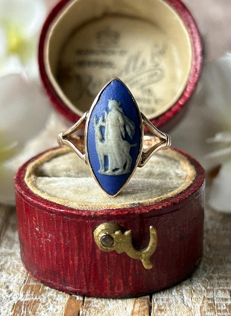 Antique Wedgwood Cameo Ring 9 Carat Gold Diana The Huntress 1930, Blue Jasperwear Artemis Goddess Navette Statement Ring, Gold Jewelry Gift image 6