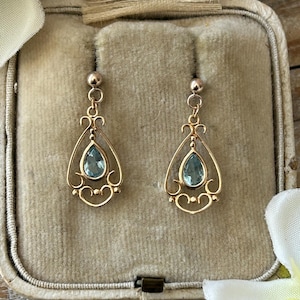 Vintage Blue Topaz Dangle Earrings 9 Carat Yellow Gold, Earrings for Pierced Ears, Elegant Pear Cut Topaz Drop Earrings, Gold Jewelry Gift