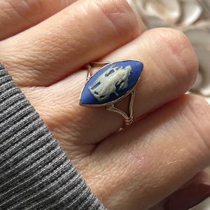Antique Wedgwood Cameo Ring 9 Carat Gold Diana The Huntress 1930, Blue Jasperwear Artemis Goddess Navette Statement Ring, Gold Jewelry Gift image 2