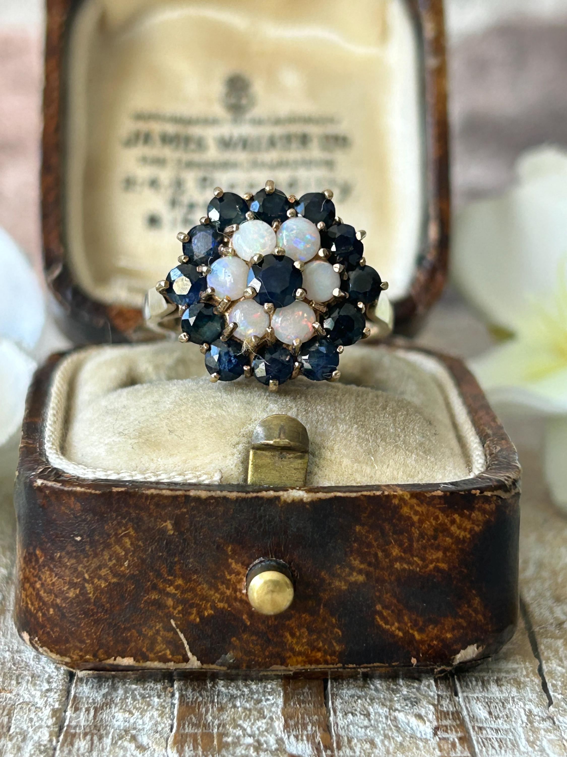 Vintage Sapphire and Opal Cocktail Ring 9 Carat Gold 1977, Sapphire and Opal Cluster Statement Ring, Sapphire Jewellery Jewelry Gift For Her
