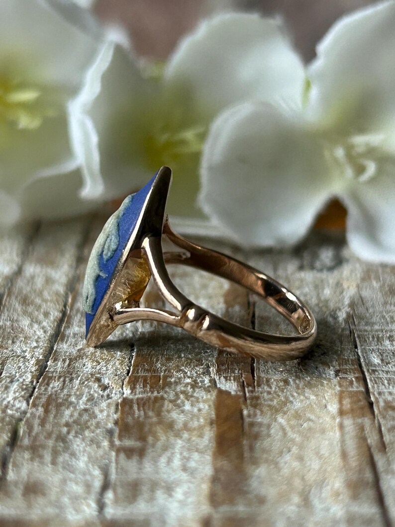Antique Wedgwood Cameo Ring 9 Carat Gold Diana The Huntress 1930, Blue Jasperwear Artemis Goddess Navette Statement Ring, Gold Jewelry Gift image 9