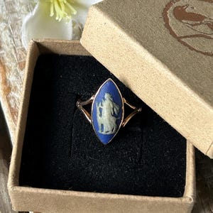 Antique Wedgwood Cameo Ring 9 Carat Gold Diana The Huntress 1930, Blue Jasperwear Artemis Goddess Navette Statement Ring, Gold Jewelry Gift image 10