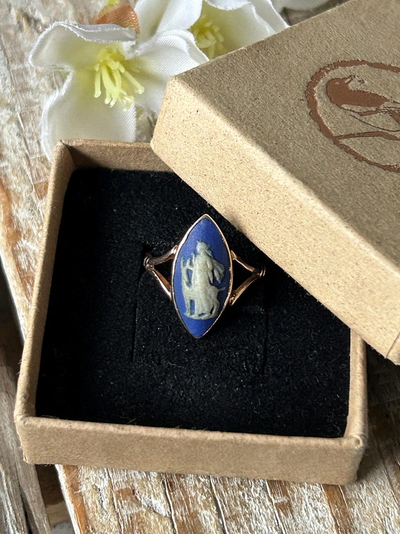 Antique Wedgwood Cameo Ring 9 Carat Gold Diana The Huntress 1930, Blue Jasperwear Artemis Goddess Navette Statement Ring, Gold Jewelry Gift image 10