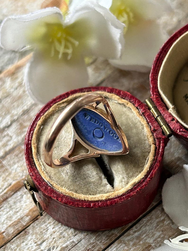 Antique Wedgwood Cameo Ring 9 Carat Gold Diana The Huntress 1930, Blue Jasperwear Artemis Goddess Navette Statement Ring, Gold Jewelry Gift image 4