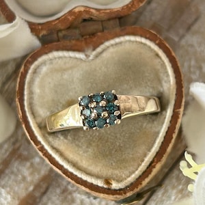 Vintage Synthetic Blue Diamond Cluster Ring 9 Carat Yellow Gold, Blue Diamond Engagement Ring, Diamond Jewellery Jewelry Gift For Her