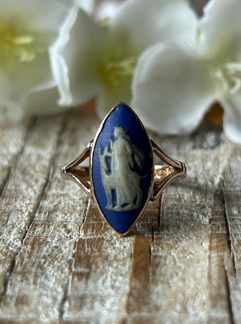 Antique Wedgwood Cameo Ring 9 Carat Gold Diana The Huntress 1930, Blue Jasperwear Artemis Goddess Navette Statement Ring, Gold Jewelry Gift image 8