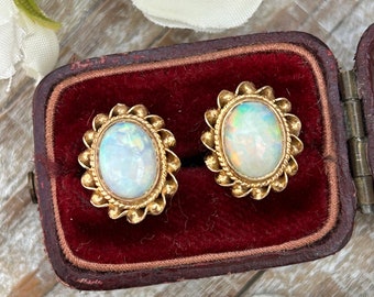 Vintage Opal Stud Earrings 9 Carat Yellow Gold 1977, Oval Opal Statement Earrings For Pierced Ears, October Birthstone, Opal Jewelry Gift