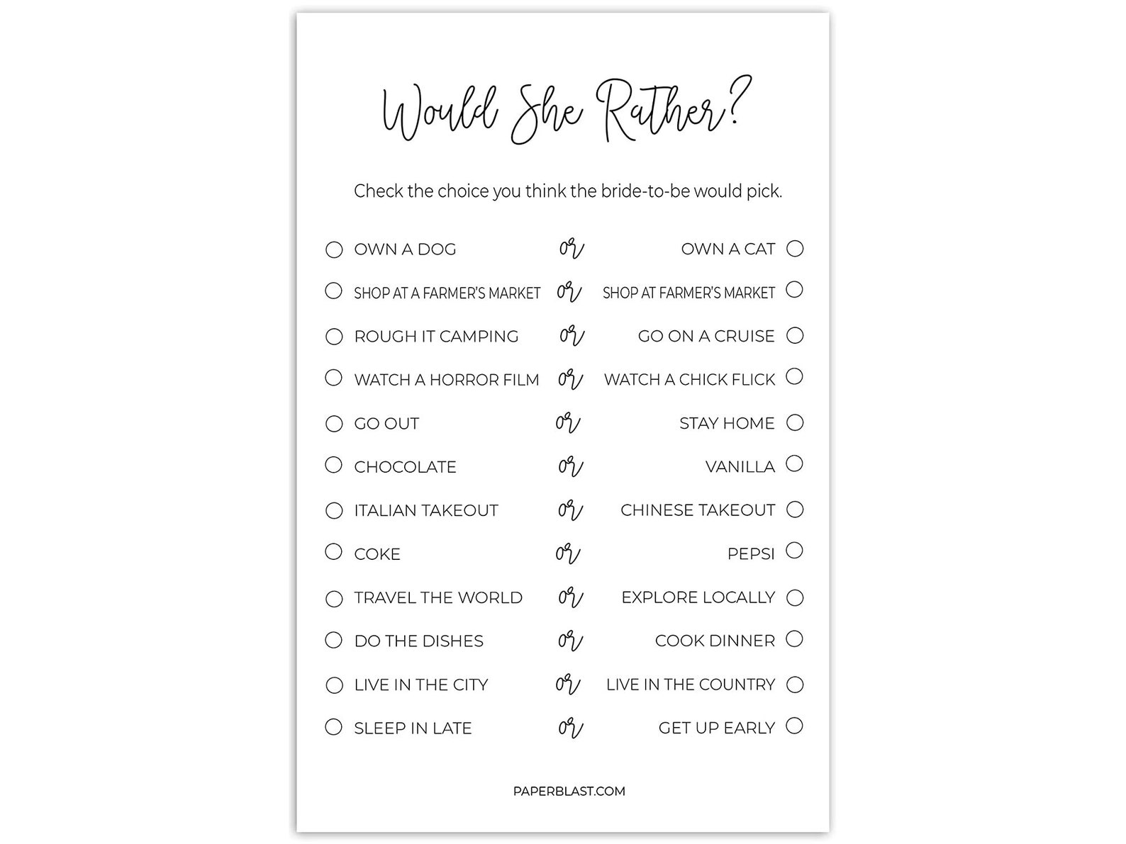 Minimalist Bridal Shower Game Would She Rather Etsy