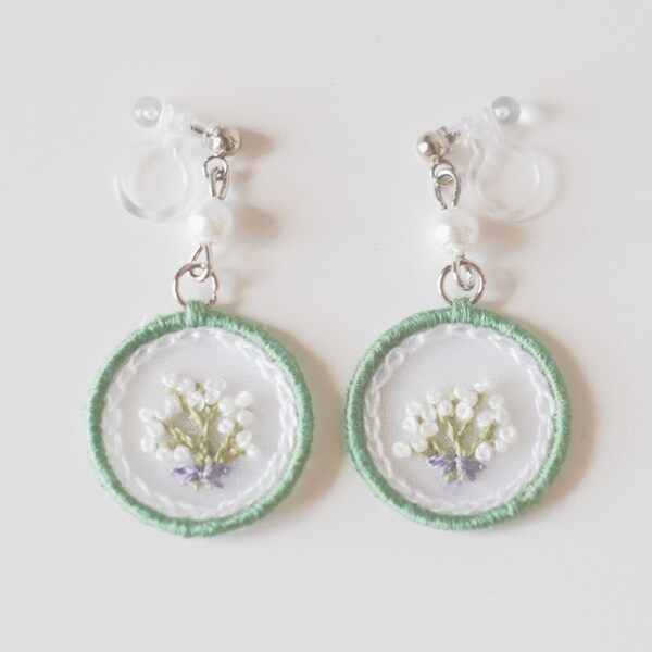 Baby's breath Organza Embroidered Earrings / Embroidery Earrings / Hook Earrings / Clip on Earrings / Holiday Gift / Gift for her