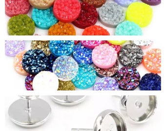 DIY earring Kit, druzy earring kit, jewelry making kit, earring set, diy kit, diy jewelry, druzy studs, 12mm Druzy, cabochon, stud earrings