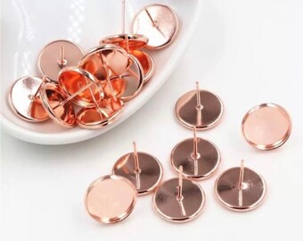 8mm Rose gold earrings posts, 8mm Rose Gold Earring Blank Bezel Cabochon DIY Jewelry Set of 10 (5 Pairs)