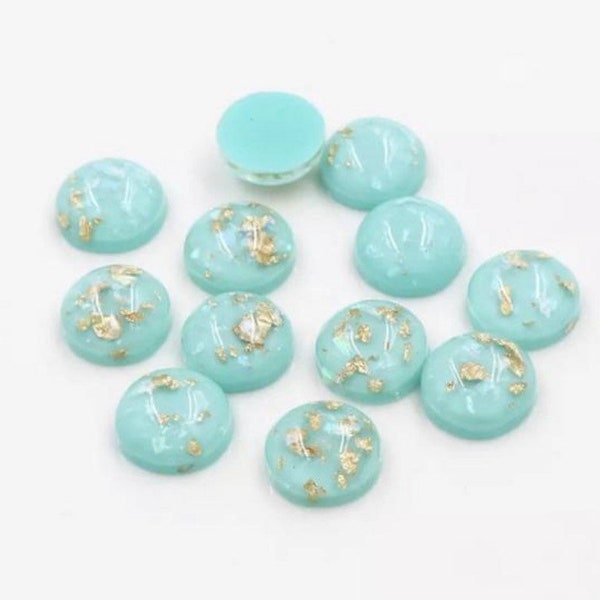 8mm light Apple blue cabochons, gold fleck cabochons, Mylar fleck, sets of 10