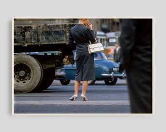Vintage Street Photography, Retro Photography, Old Street Photography, Dark Blue Wall Art, Retro Prints, Woman Eating, Vintage Car Gift