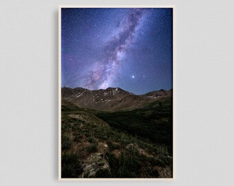 Purple Blue Sky, Mountain Photo Print, Night Mountains, Stars Photography, Nature Mountain Photography, Blue Purple Stars, Mountain Stars