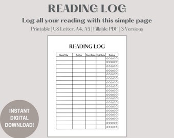 Registro de leitura para impressão, rastreador de leitura, rastreador de livros, resenha de livros, diário de leitura, planejador de leitura, desafio de leitura, carta dos EUA/A4/A5 PDF