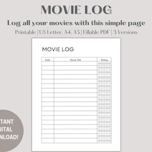 Movie Log Printable, Movie Tracker, Film Tracker, Movie Review, Movies to Watch, Movie Planner, Goodnotes, US Letter/A4/A5 PDF