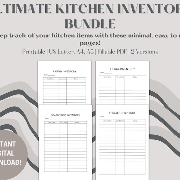 Kitchen Inventory Log, Printable Kitchen Food Inventory Tracker, Fridge Inventory, Pantry Inventory, Freezer Inventory, Seasoning Inventory