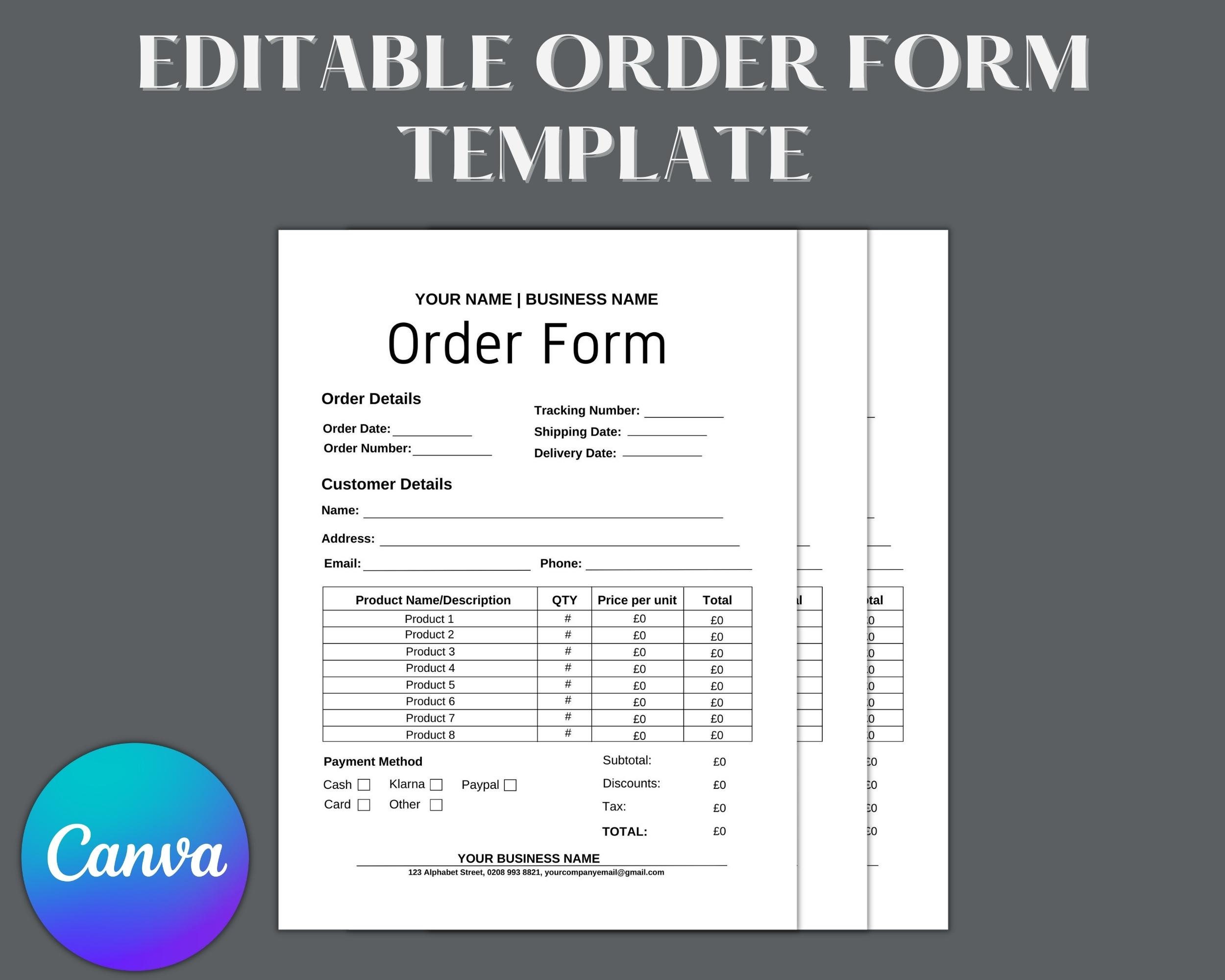 Order Form Template Editable Order Form Template Canva - Etsy