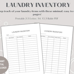 Laundy Inventory, Printable Laundry Inventory Log, Laundry Organiser, Cleaning Products Tracker, Instant Download US Letter/A4/A5 PDF