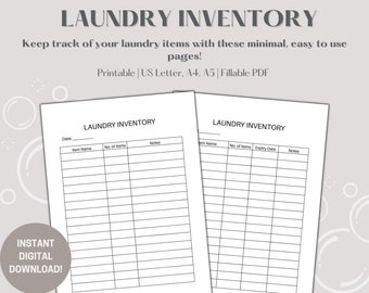 May include: Two white sheets of paper titled LAUNDRY INVENTORY with columns for Item Name, No. of Items, Expiry Date, and Notes. The text reads LAUNDRY INVENTORY, Keep track of your laundry items with these minimal, easy to use pages!, Printable | US Letter, A4, A5 | Fillable PDF, and INSTANT DIGITAL DOWNLOAD!.