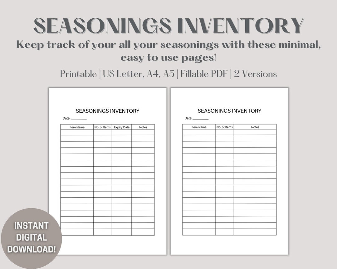 Spice Inventory, Printable Food Inventory, Seasoning Log, Spice Log