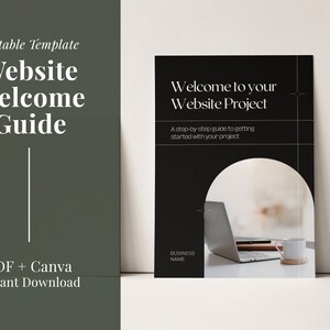 Pode incluir: Um guia de boas-vindas em preto e branco para um projeto de site. O guia apresenta um laptop e uma xícara de café em um design moderno e minimalista. O texto diz "Bem-vindo ao seu projeto de site. Um guia passo a passo para começar seu projeto."