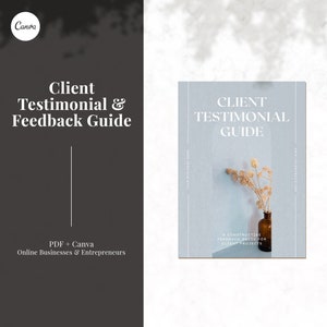 May include: A digital document titled Client Testimonial & Feedback Guide featuring a light blue cover with a brown glass bottle containing dried flowers. The text reads Client Testimonial Guide and A Constructive Feedback Guide for Client Projects.