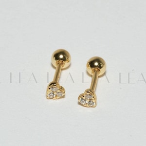 Gold CZ Heart Stud Earrings • Gold Cubic Zirconia Heart Screw Back Earrings • Sterling Silver Tiny Barbell Studs • Cartilage Tragus Studs
