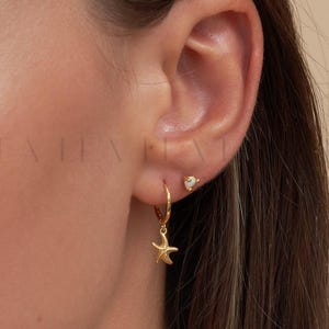 Ocean Sea Summer Earrings Stack Set • Dainty Starfish Dangle Hoops • Beach Holiday Gift • Opal Cartilage Flat Back Studs • Gift Ready