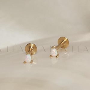 Gold Tiny Opal Stud Earrings • Dainty Labret Studs Earrings • Conch Cartilage Tragus Studs • Second Piercing • Flat Back Studs