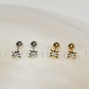 Gold Starburst Diamond Stud Earrings • Sterling Silver Celestial Studs • Cosmic Screw Back Barbell Studs • Gift for Her