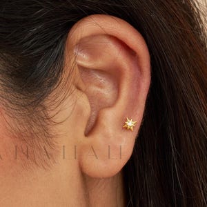 Gold Starburst Diamond Conch Stud Earrings • Sterling Silver Celestial Studs • Cosmic Flat Back Helix Studs • Cartilage Stud • Tragus Stud