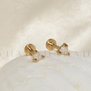Gold Tiny Opal Stud Earrings • Dainty Helix Studs Earrings • Conch Cartilage Tragus Studs • Second Piercing • Flat Back Studs • Labret Studs