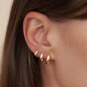 Gold Tapered Huggie Hoops • Sterling Silver Thick Hoop Earrings • Everyday Chunky Hoops Teardrop Huggie • Minimalist Earrings • Dome Huggies