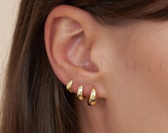 Gold Tapered Huggie Hoops • Sterling Silver Thick Hoop Earrings • Everyday Chunky Hoops Teardrop Huggie • Minimalist Earrings • Dome Huggies