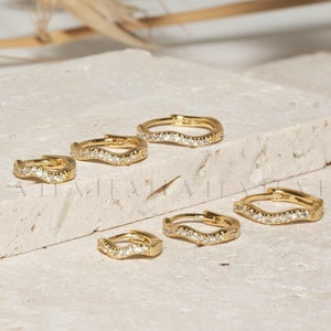 Wavy Gold CZ Paved Huggie Hoops • Dainty Gold Huggies • Minimalist Hoops • Dainty Pave Diamond Hoops • Mom Gift • Bridal Gift