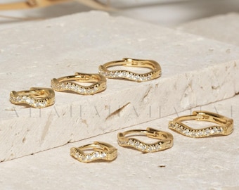 Wavy Gold CZ Paved Huggie Hoops • Dainty Gold Huggies • Minimalist Hoops • Dainty Pave Diamond Hoops • Mom Gift • Bridal Gift