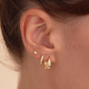 Starburst Hoop Earrings Stack Set • Gift For Her • 18K Gold Celestial Huggie Hoops Set • Sterling Silver Cosmic Star Earrings