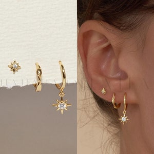 Starburst Dangle Everyday Hoop Earring Stack Set • Gift For Her • Bridesmaid Gift • 18K Gold Star Earrings Set • Gift Ready