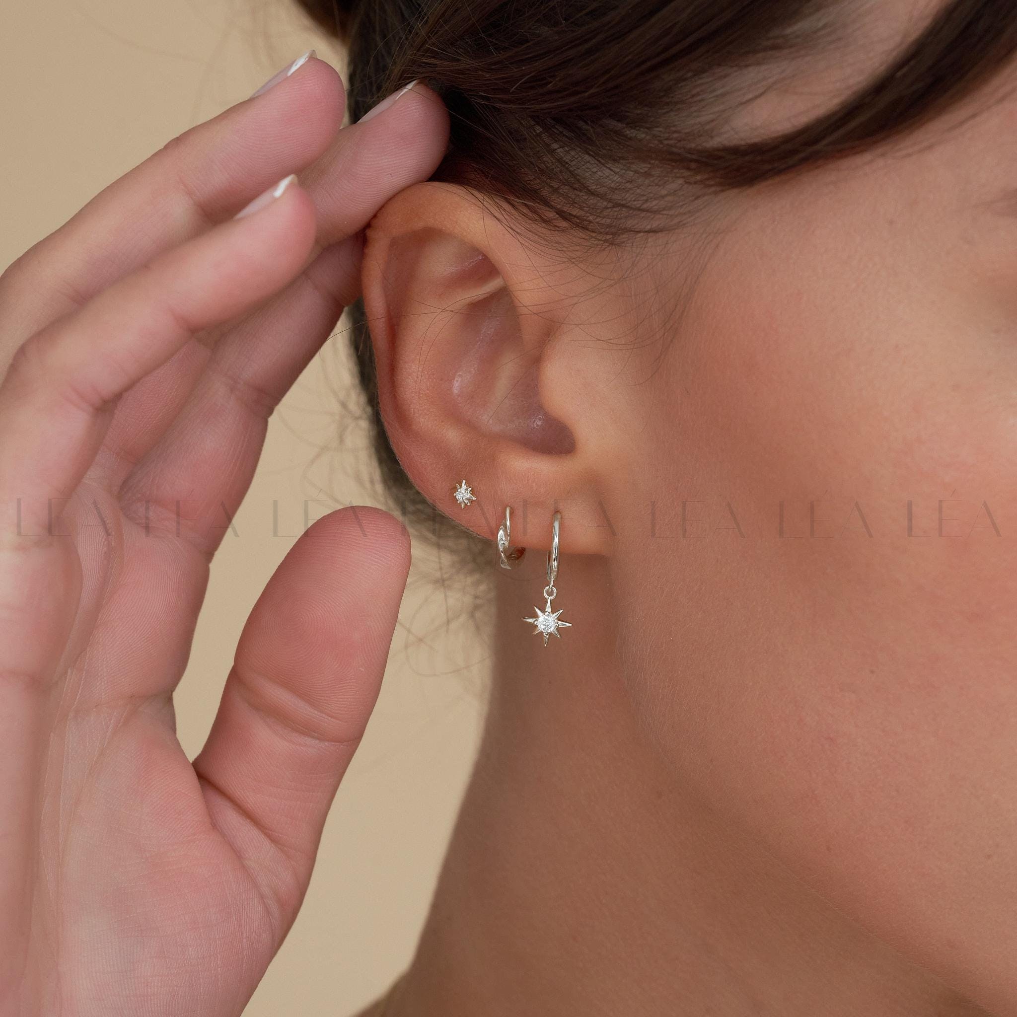 Starburst Dangle Everyday Hoop Earring Stack Set • Gift For Her • Bridesmaid Gift • 18K Gold Star Earrings Set • Gift Ready