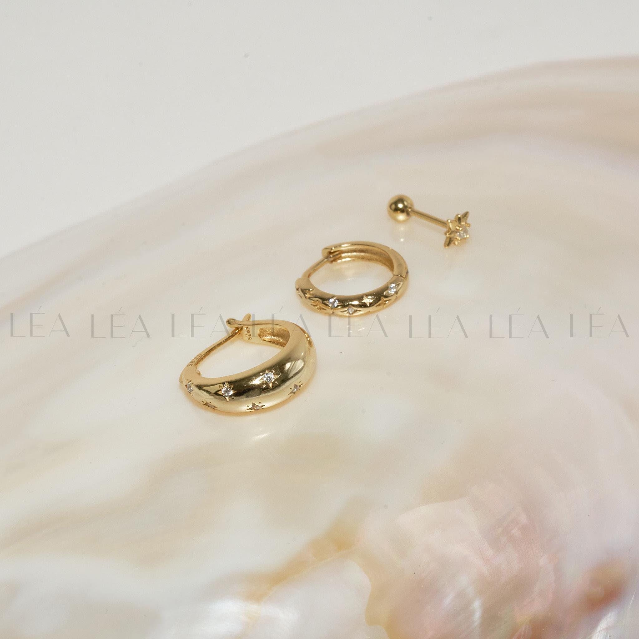 Starburst Hoop Earrings Stack Set • Gift For Her • 18K Gold Celestial Huggie Hoops Set • Sterling Silver Cosmic Star Earrings