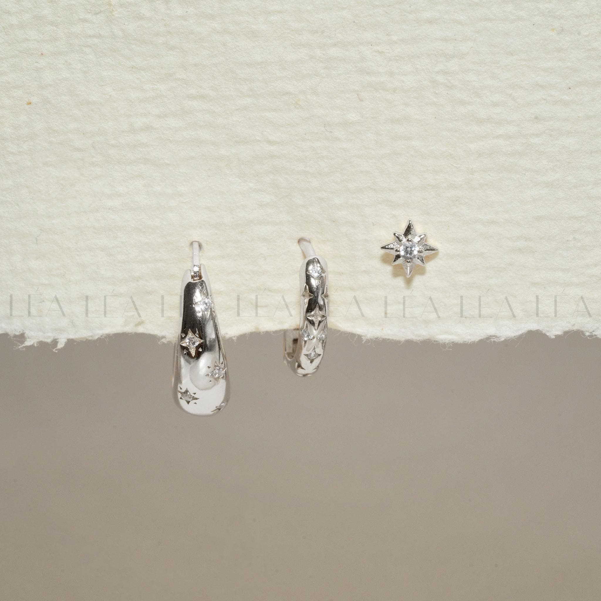Starburst Hoop Earrings Stack Set • Gift For Her • 18K Gold Celestial Huggie Hoops Set • Sterling Silver Cosmic Star Earrings