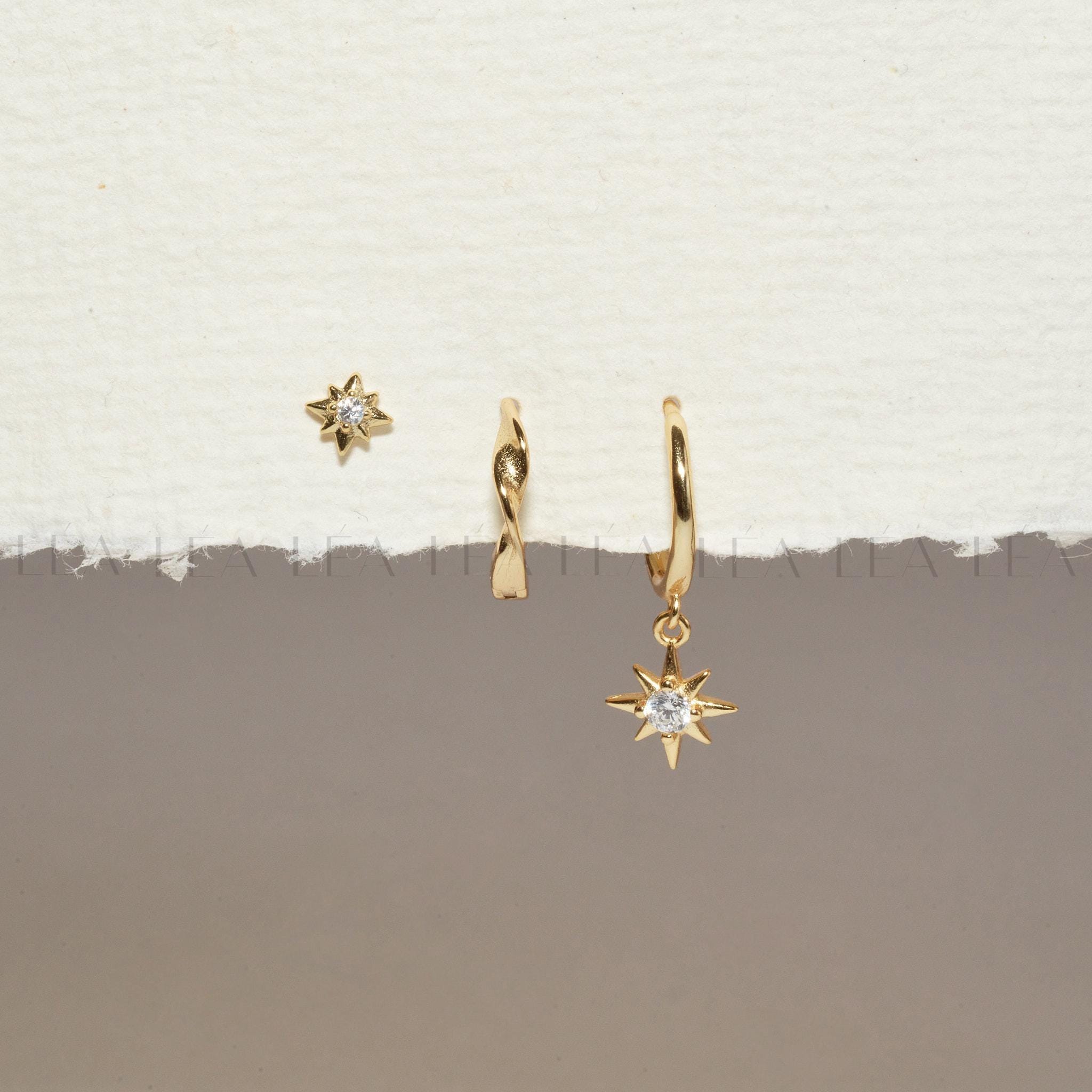 Starburst Dangle Everyday Hoop Earring Stack Set • Gift For Her • Bridesmaid Gift • 18K Gold Star Earrings Set • Gift Ready