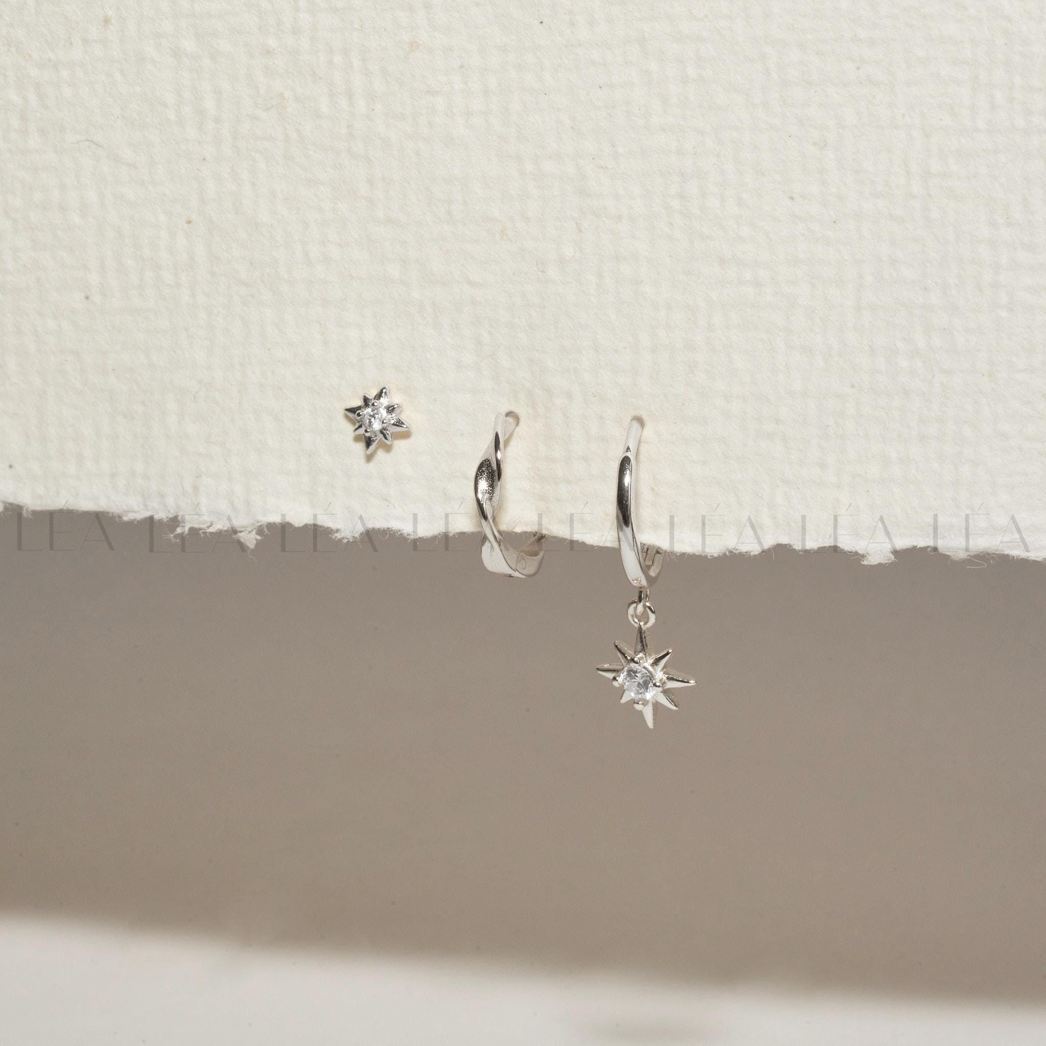 Starburst Dangle Everyday Hoop Earring Stack Set • Gift For Her • Bridesmaid Gift • 18K Gold Star Earrings Set • Gift Ready