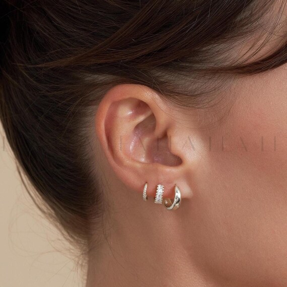 Chunky Tapered Everyday Hoop Earring Stack Set • Baguette Diamond