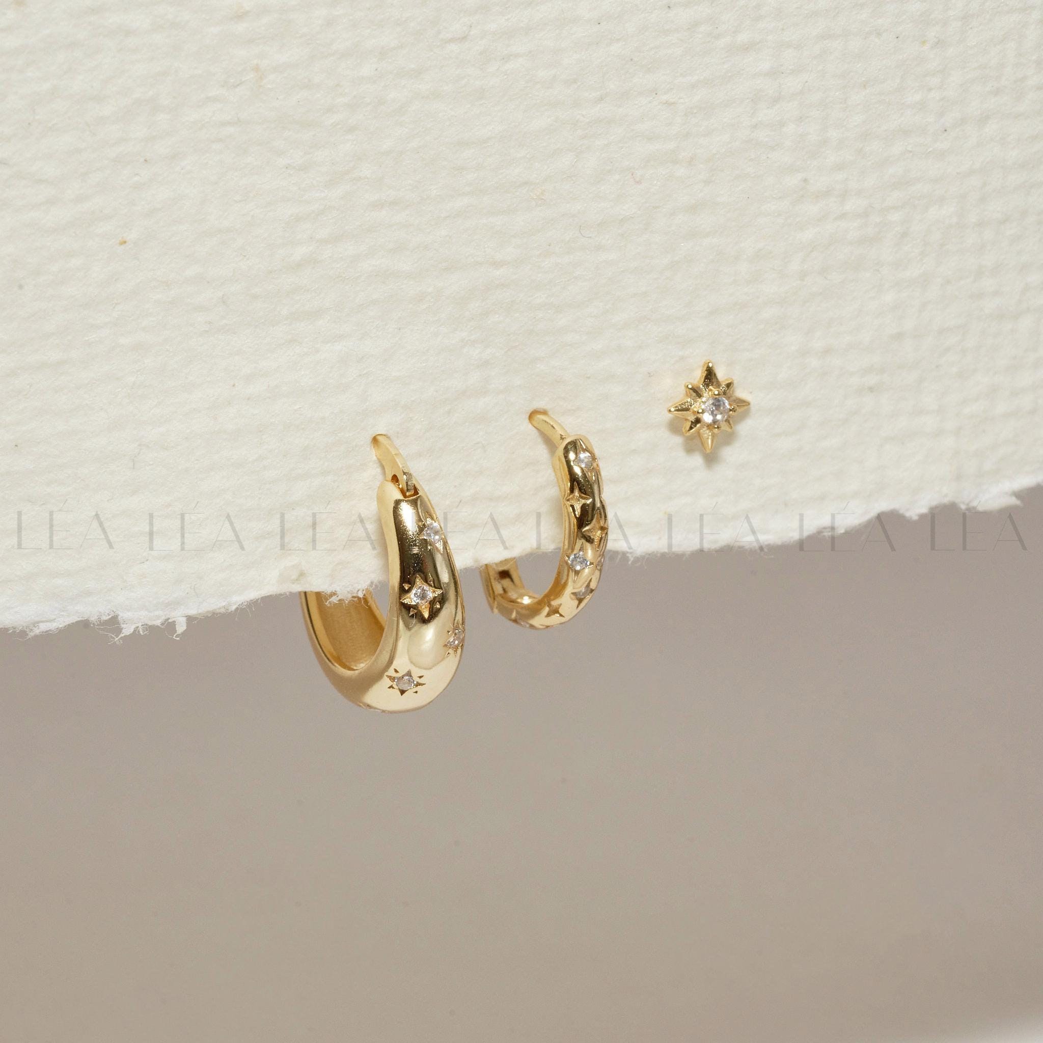 Starburst Hoop Earrings Stack Set • Gift For Her • 18K Gold Celestial Huggie Hoops Set • Sterling Silver Cosmic Star Earrings