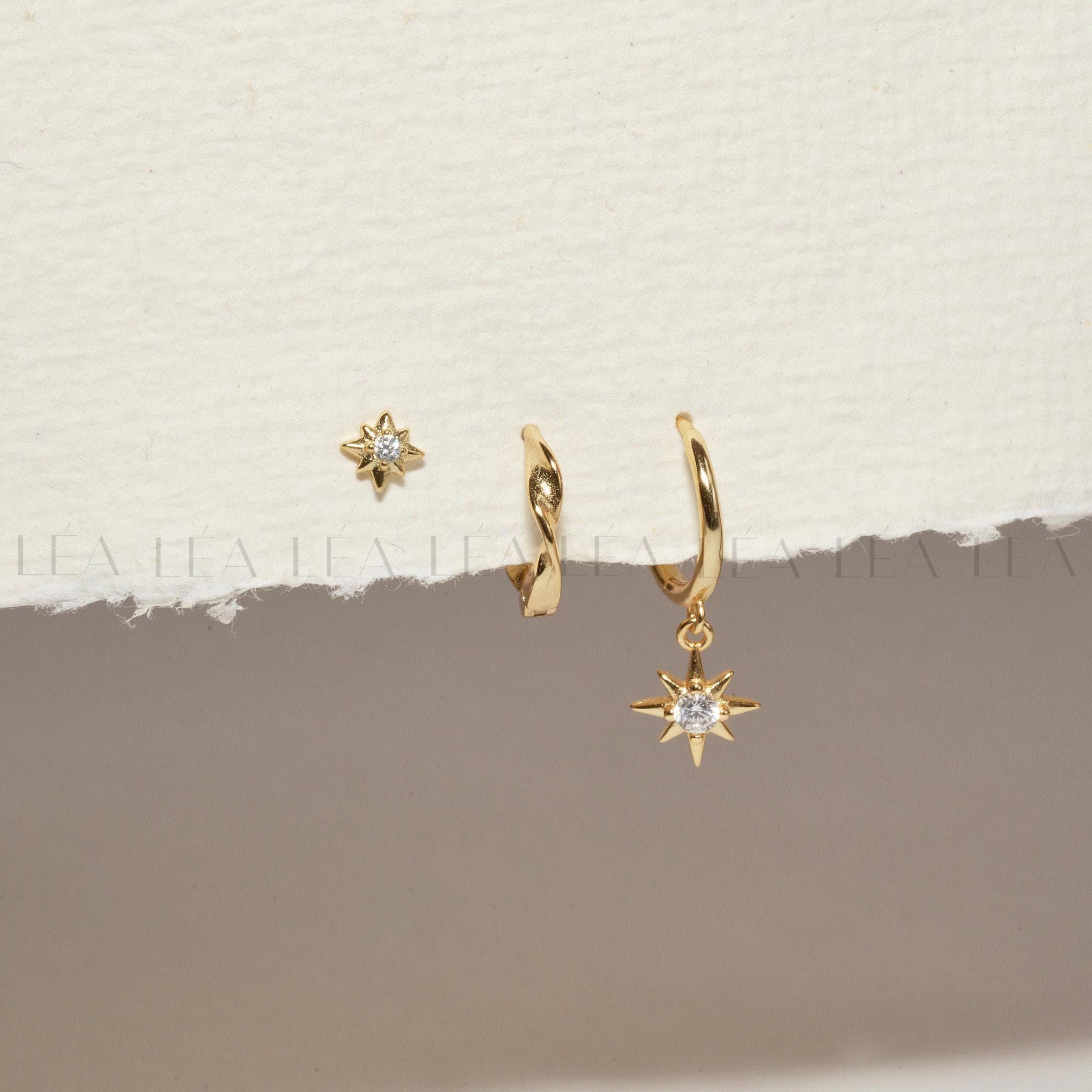 Starburst Dangle Everyday Hoop Earring Stack Set • Gift For Her • Bridesmaid Gift • 18K Gold Star Earrings Set • Gift Ready